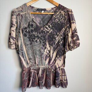 Simply Irresistible Women's Short Sleeve Sheer Satin Boho Peplum Blouse M Fairy